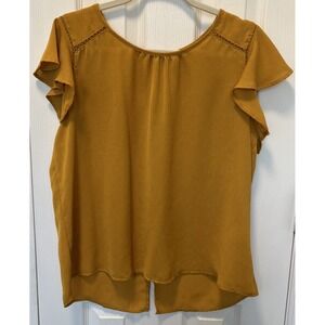 OLM Blouse Top Womens XL Mustard Yellow Scoop Neck Back Slit Flutter Sleeve